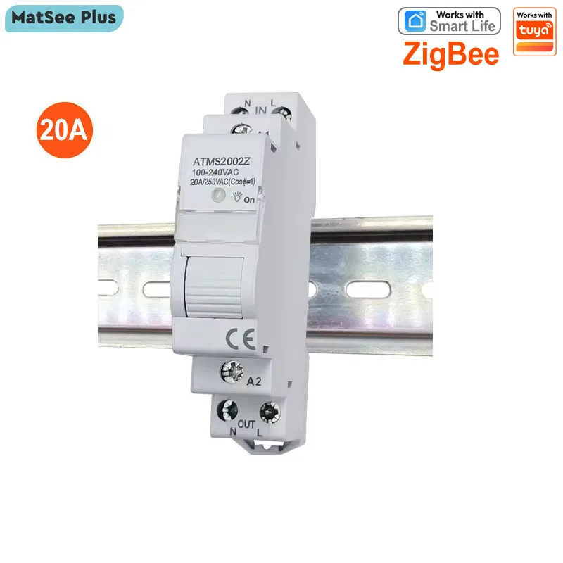 Interruptor Inteligente ZigBee 20A para Trilho DIN com Medidor de Energia, Temporizador e Controle por Aplicativo, Compatível com ZigBee2MQTT e Tuya