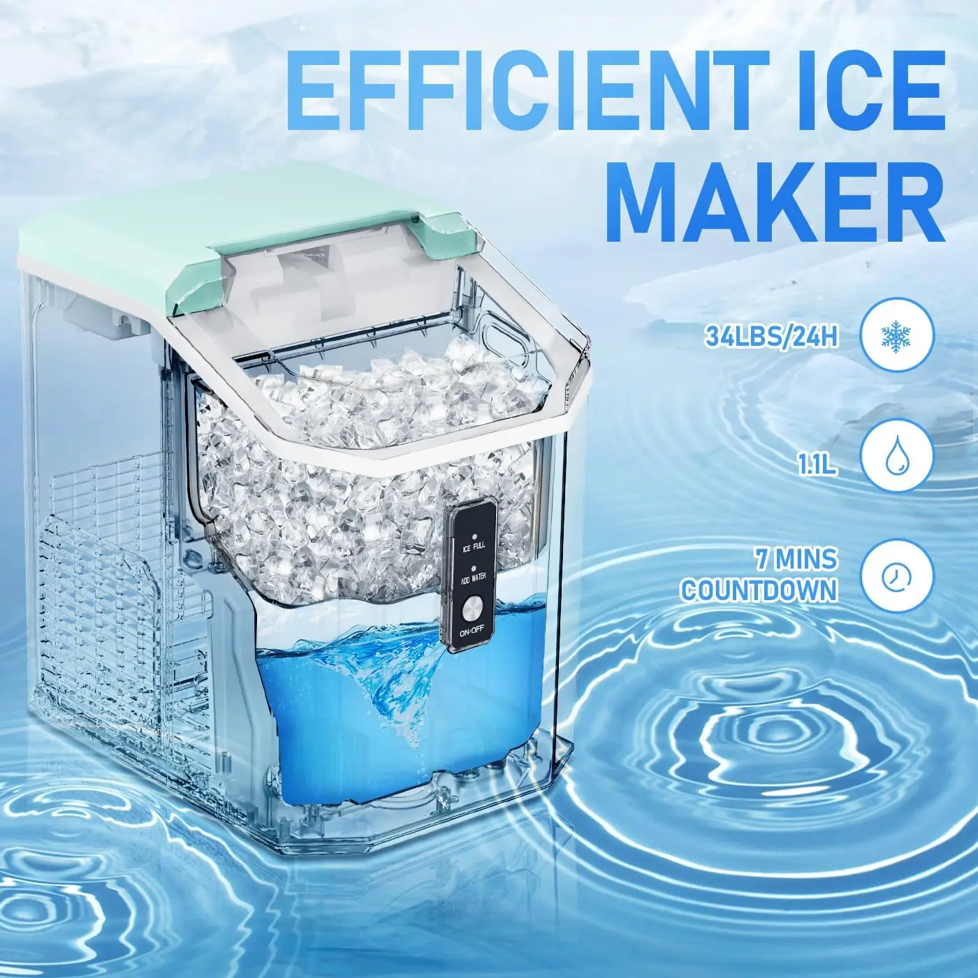 Ice Maker, Self Cleaning Ice Makers with One-Click Operation, 34Lbs/24H,