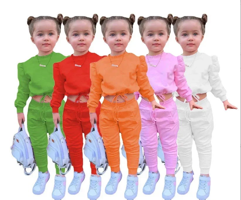 1-8Years Soild Kids Girl Child Suit Outfit Long Sleeve Crop Tops+Pants Sets Fashion Spring Autumn Baby Girl Clothes Suits 2023