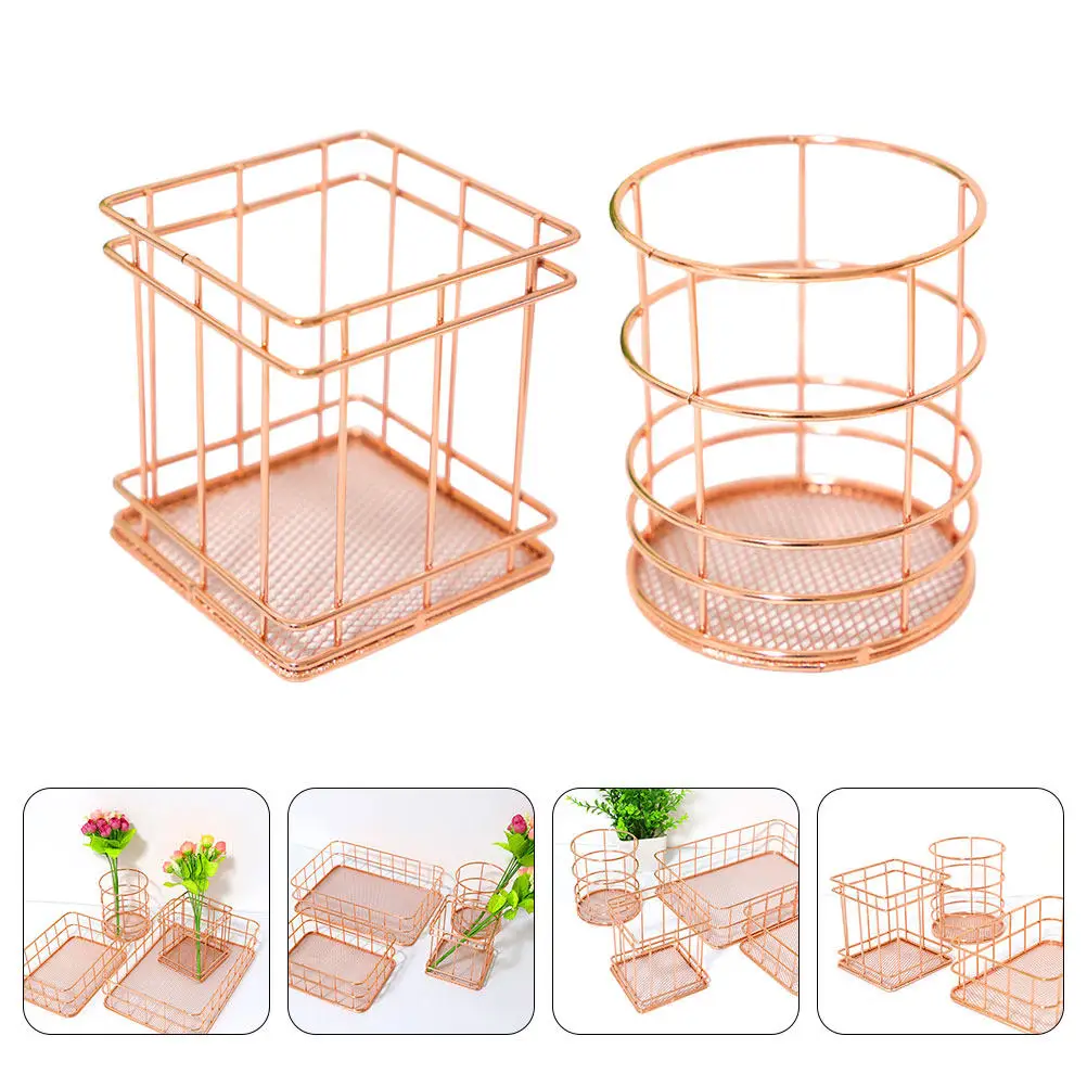 

2Pcs Rose Gold Nordic Style Metal Storage Basket for Pens Desktop Decoration Home Office Organizer Iron Art Holder