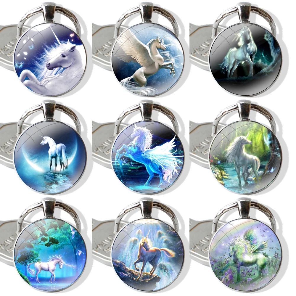 Fashion Moonlight Unicorn Keychain Handmade Glass Cabochon Key Ring Holder Pendant Key Chains