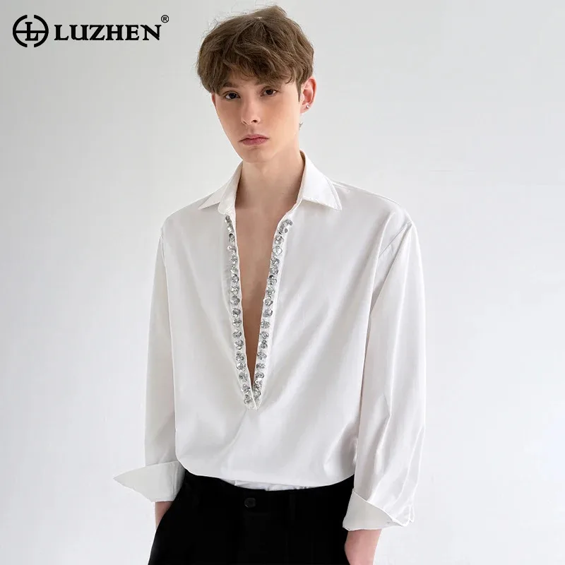 

LUZHEN 2025 New Luxury Fashion Sequin Patchwork V Neck Long Sleeve Shirts Men's Original High Quality Elegant Casual Tops JY3222