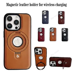 For Leather Magnetic Bracket Case For iPhone 16 13 12 14 15 17 Pro Max Plus for Magsafe Wireless Charging Shockproof Back Cover