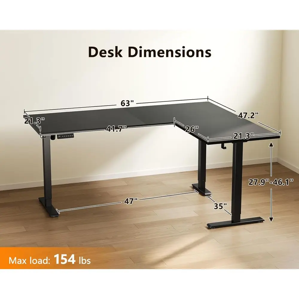 مكتب كهربائي مريح على شكل 63 لتر، ارتفاع قابل للتعديل، مكتب قائم زاوية كبيرة لمحطات العمل في المنزل والمكتب، أسود