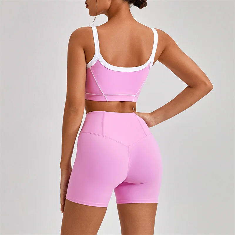 SVEIC Nude Fitness Shorts Yoga Bra Sets Contrasting Colors Sportswear High Waist Workout Leggings Cycling Gym Shorts Sports Suit