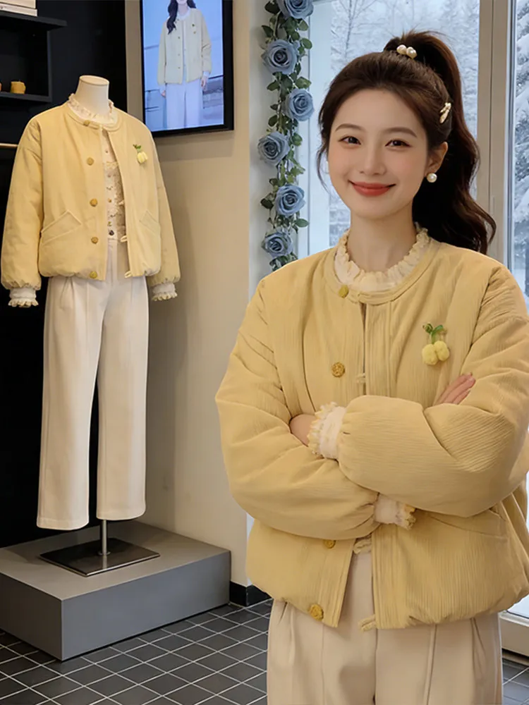 

Thiened Lace Splicing ort Cotton Jaet Женская зимняя верхняя одежда Теплое корейское пальто свободного покроя однотонного цвета