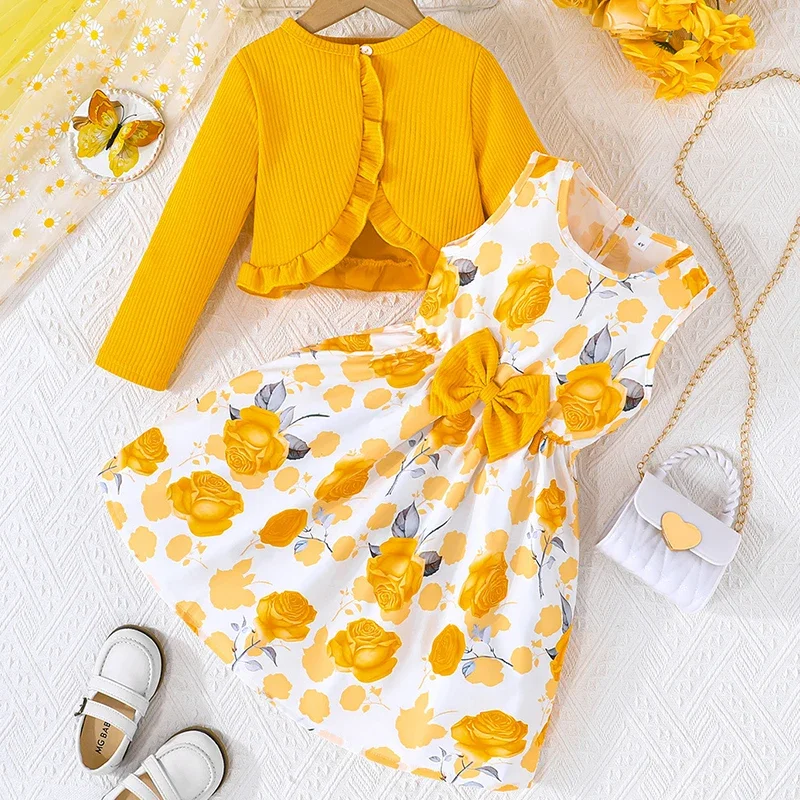 

2Piece Sets Spring Summer Girls Boutique Clothes Korean Fashion Flowers Print Sleeveless Bow Kids Dress+Tops Baby Dresses BC2123