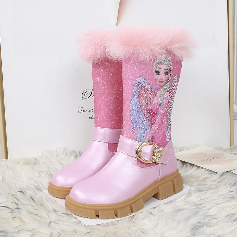 

Cartoon Disney Girls Elsa Princess Boots Plush Leather Boots Anime Winter High Tube Fleece Boots Children Elsa Warm High Heel