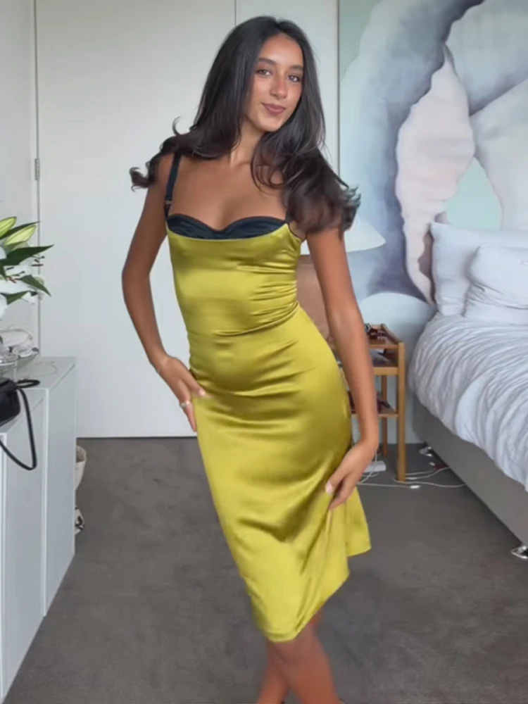 Elegantes Damen-Satin-Midikleid, rückenfreies Hüftkleid mit Patchwork-Design, Sommer 2026, für Urlaub und Freizeit