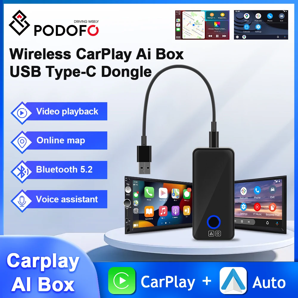 

Podofo Wireless Carplay Adapter Carplay AI Box Android Auto Wireless Adapter Mirror Link Carplay Dongle GPS Navigation WIFI IOS