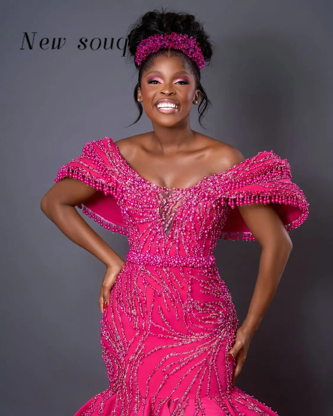 African Plus Size Hot Pink Mermaid Evening Dresses for Black Women Aso Ebi Fuchsia Pearls Beaded Satin Wedding Party Gowns