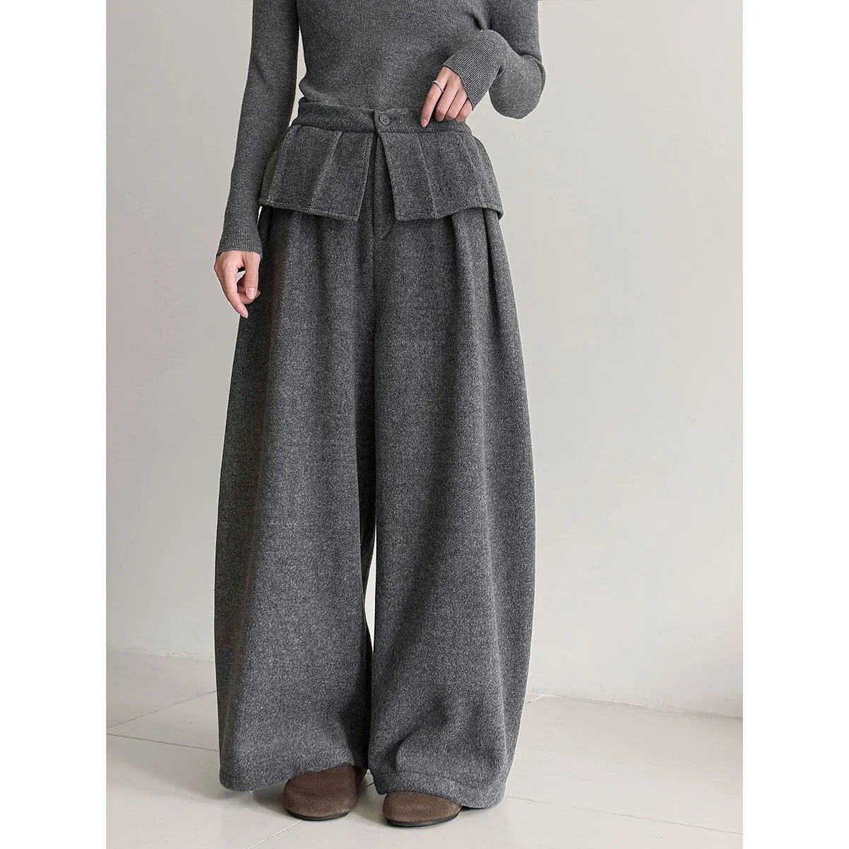 Korean Style Thickened Woolen Wide-Leg For Women Winter Design Sense Warm Casual Long Pants