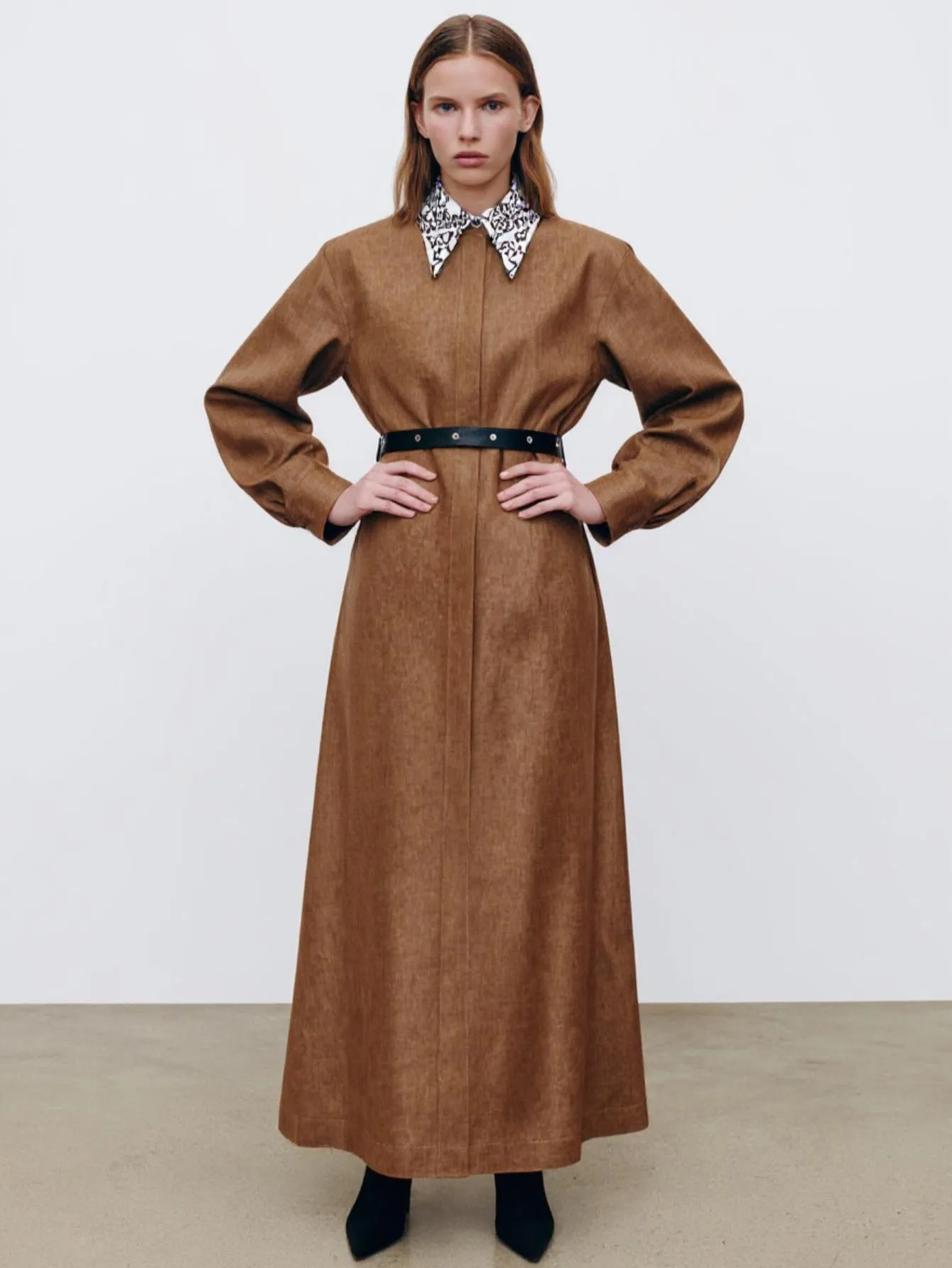 여성 슬림핏 패치워크 맥시 셔츠 원피스 긴팔 셔츠 칼라 패션 부티크 여름 가을 롱 원피스