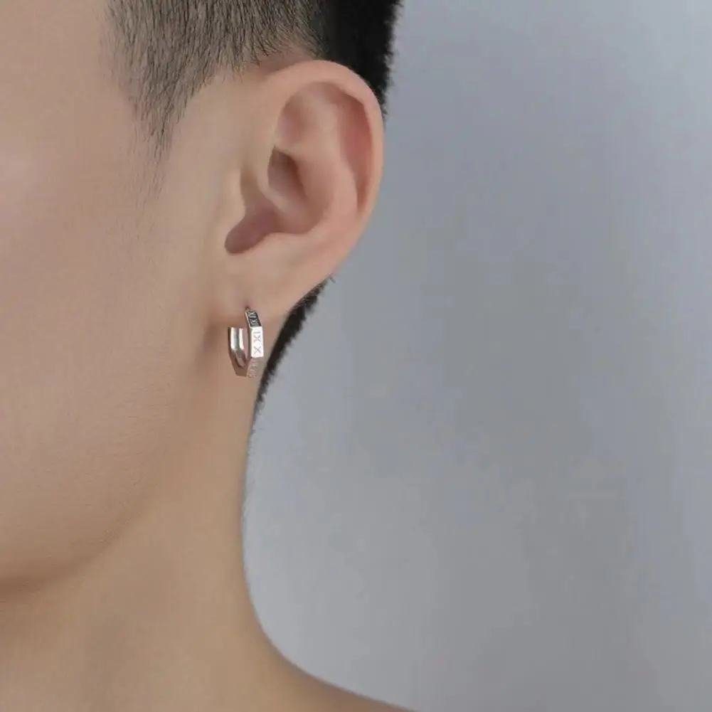 

1 Pair Ear Studs Roman Numerals Printed Piercing Geometric Personality Decorative Nickel Free Fashion Punk Hoop Earrings Men Acc