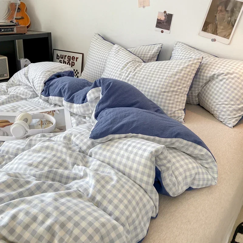 Ins Style Collision Color Elegant Washed Cotton Plaid Duvet Cover Single Piece 150X200X230Cm Single Duvet Cover