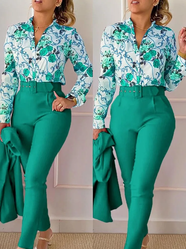 Spring Autumn Fashion Print 2 Piece Sets Women 2023 Casual Button Long Sleeve Shirt Pants Suits Female V-Neck Top Pants Outifits