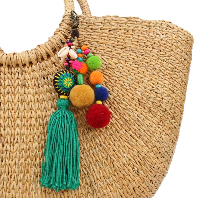 Wood Beads Key Chain Pompon Keychain Bohemian Sytle Car Bag Hanging Tassel Pendant Keychains Pompom Holder Women Jewelry