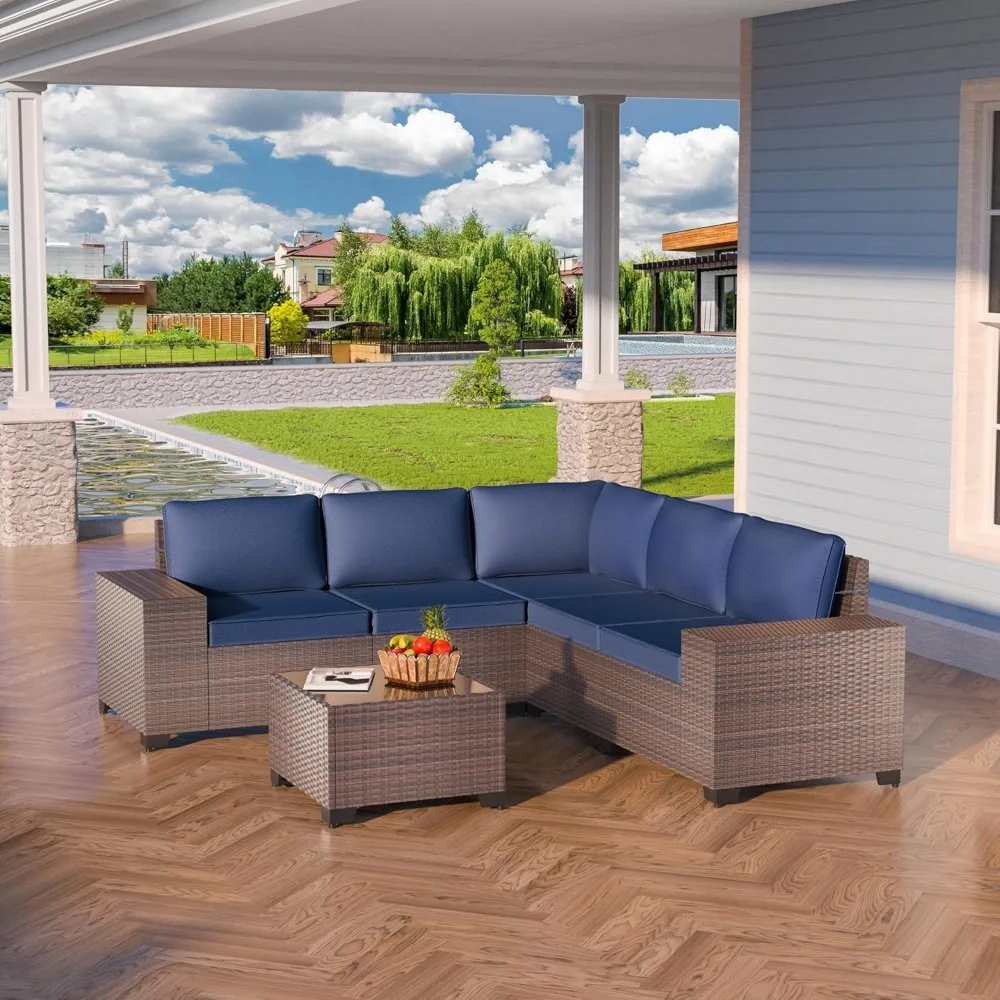 6 Piece Patio Furniture Sets Outdoor Conversation Sofa Set, All-Weather High Back PE Rattan Wicker Sectional Furniture Patio Sof