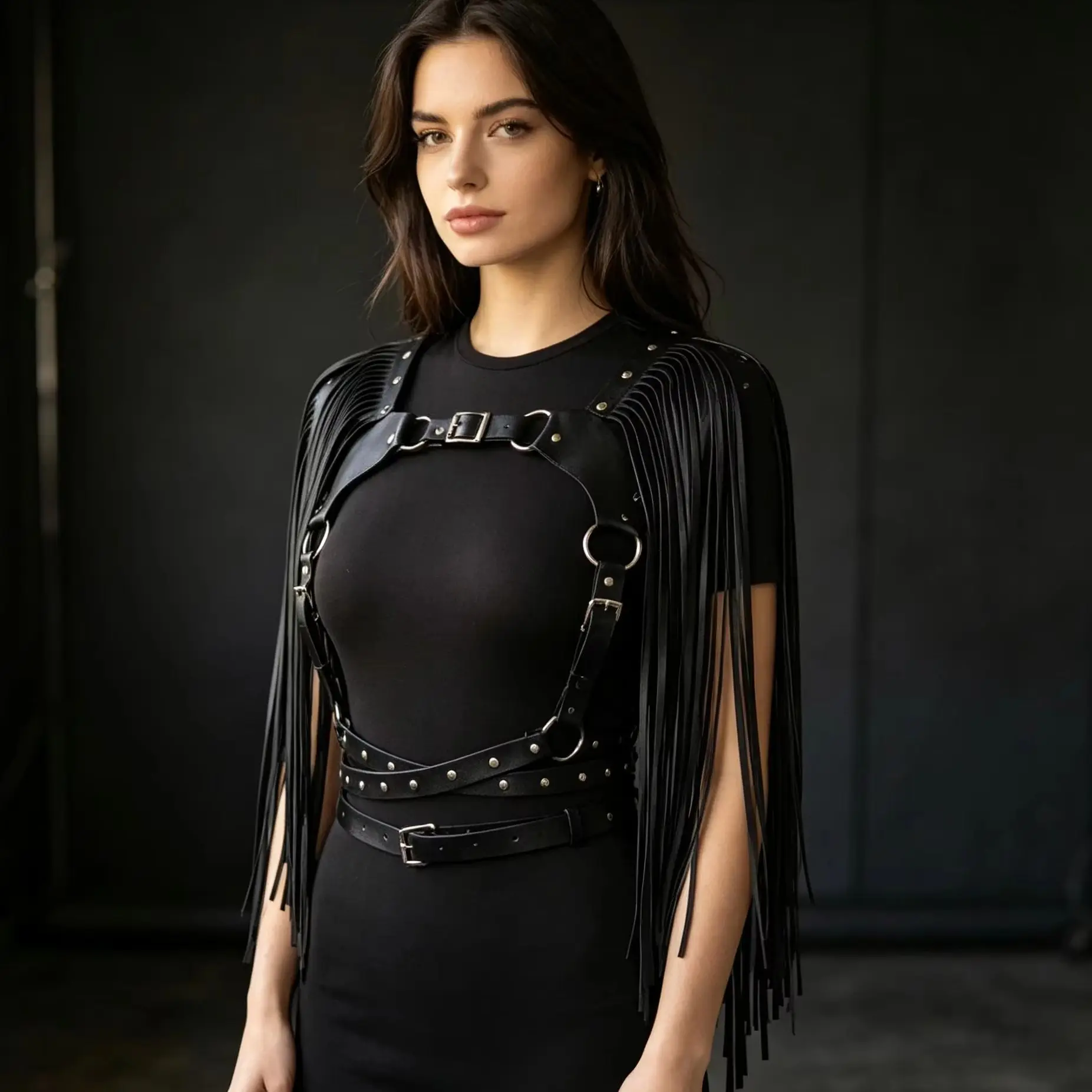 Stylish Black Faux‑Leather Long Fringe Shoulder Harness Multi‑Strap Binding Design Adjustable O‑Ring Back Closure Cosplay Prop