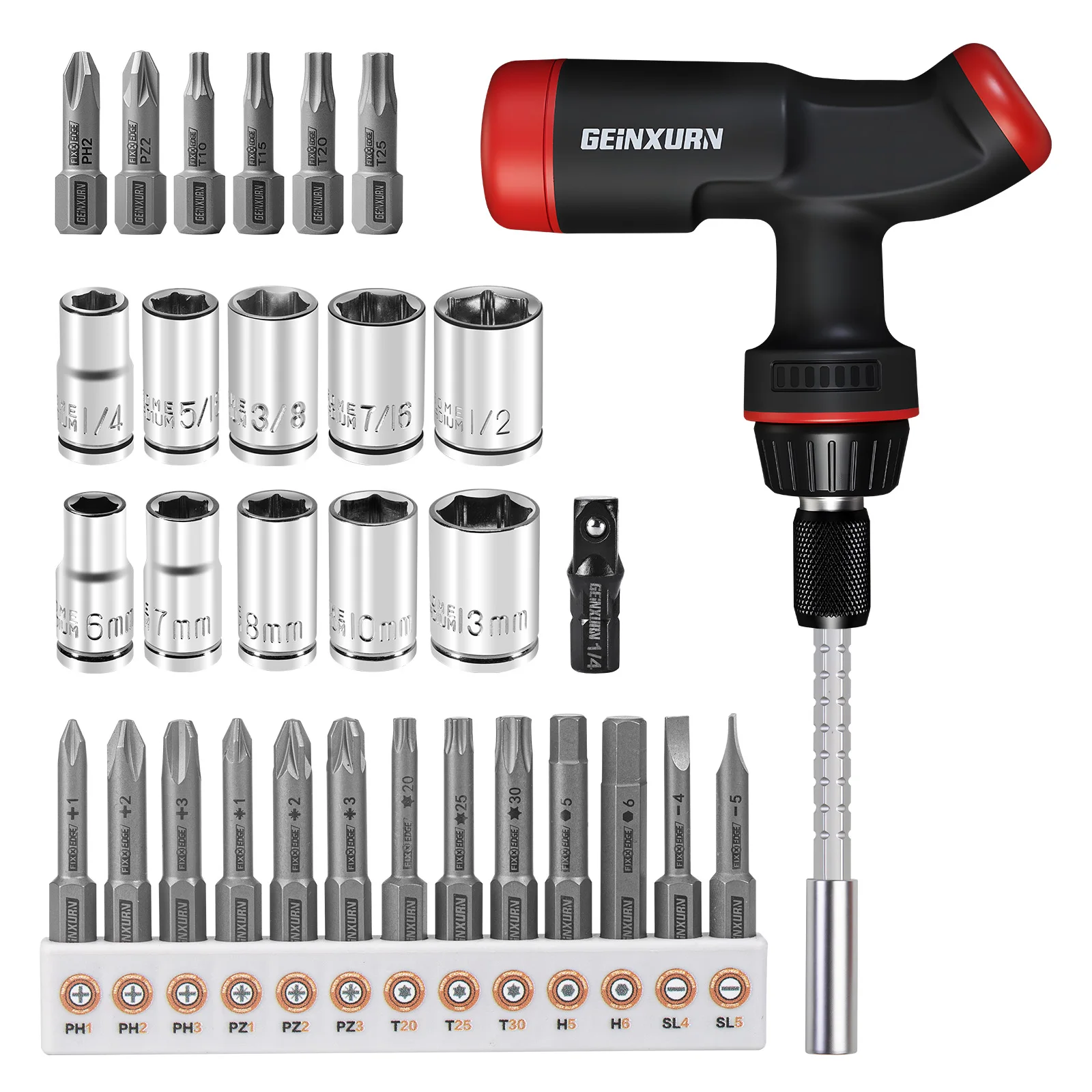 Geinxurn 2/8/32PCS Cane-Shaped T-Handle Ratchet Screwdriver Set Telescoping Adjustable Length, Motorcycle Repair Tools