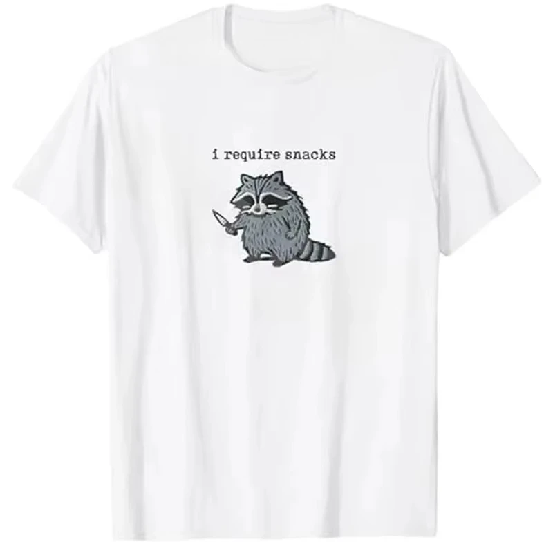 I Require Snacks Cute Raccoon Funny Graphic Tee Unisex Crew Neck Y2K Short Sleeve Animal Lover Trendy Casual Streetwear Tops