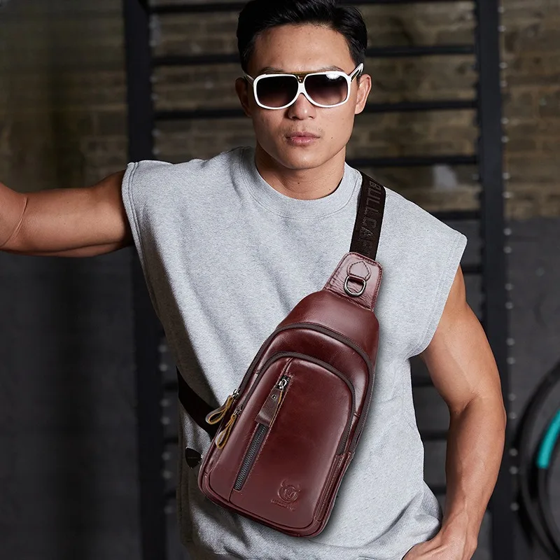 

BULLCAPTAIN Men's genuine leather shoulder slung bag fashion multifunctional sports casual chest Bag cowskin Business commuting