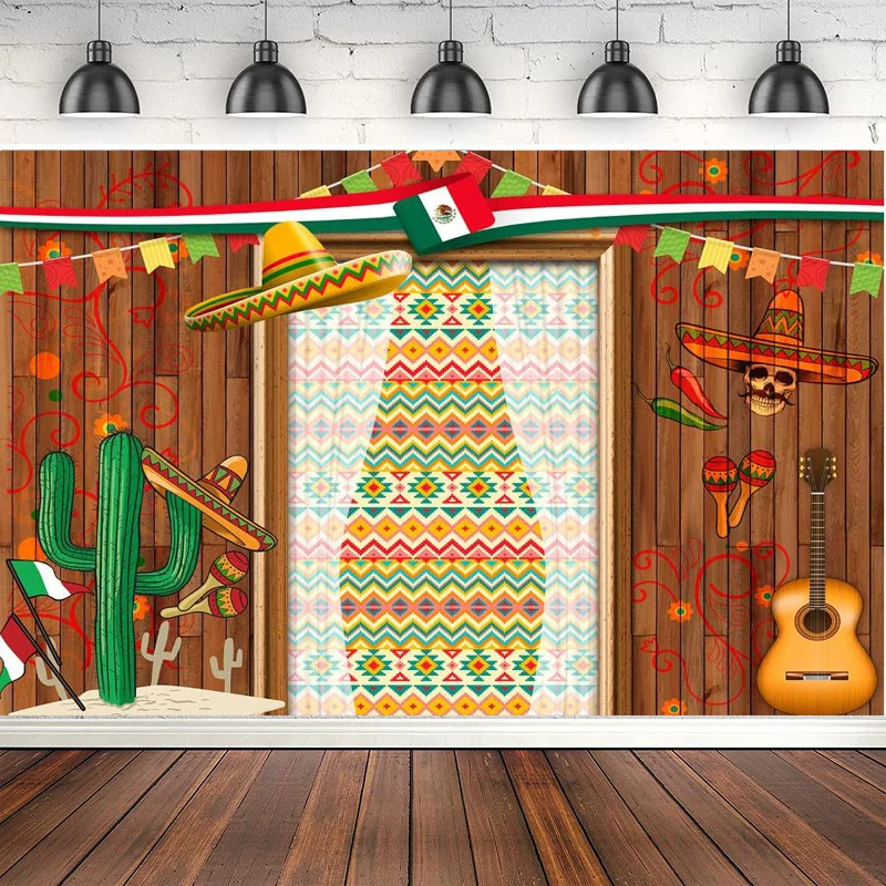 

Mexican Fiesta Theme Photography Backdrop Cactus Guitar Party Background Cinco De Mayo Colorful Flags Wood Wall Banner Decor