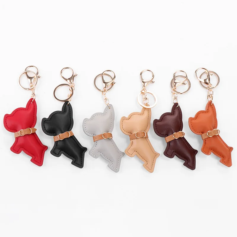 Cute Puppy Bulldog Keychain New Super Pu Leather Dog Car Backpack Decoration Key Chains Animal Keyring For Women