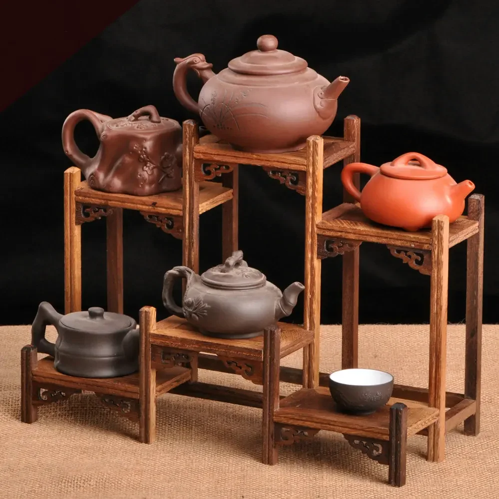 Chinese Kung Fu tea pot Crafts Display Holder Shelves Teapot Tea Set Wood carving Display Stand Decoration Home Tea Accessories