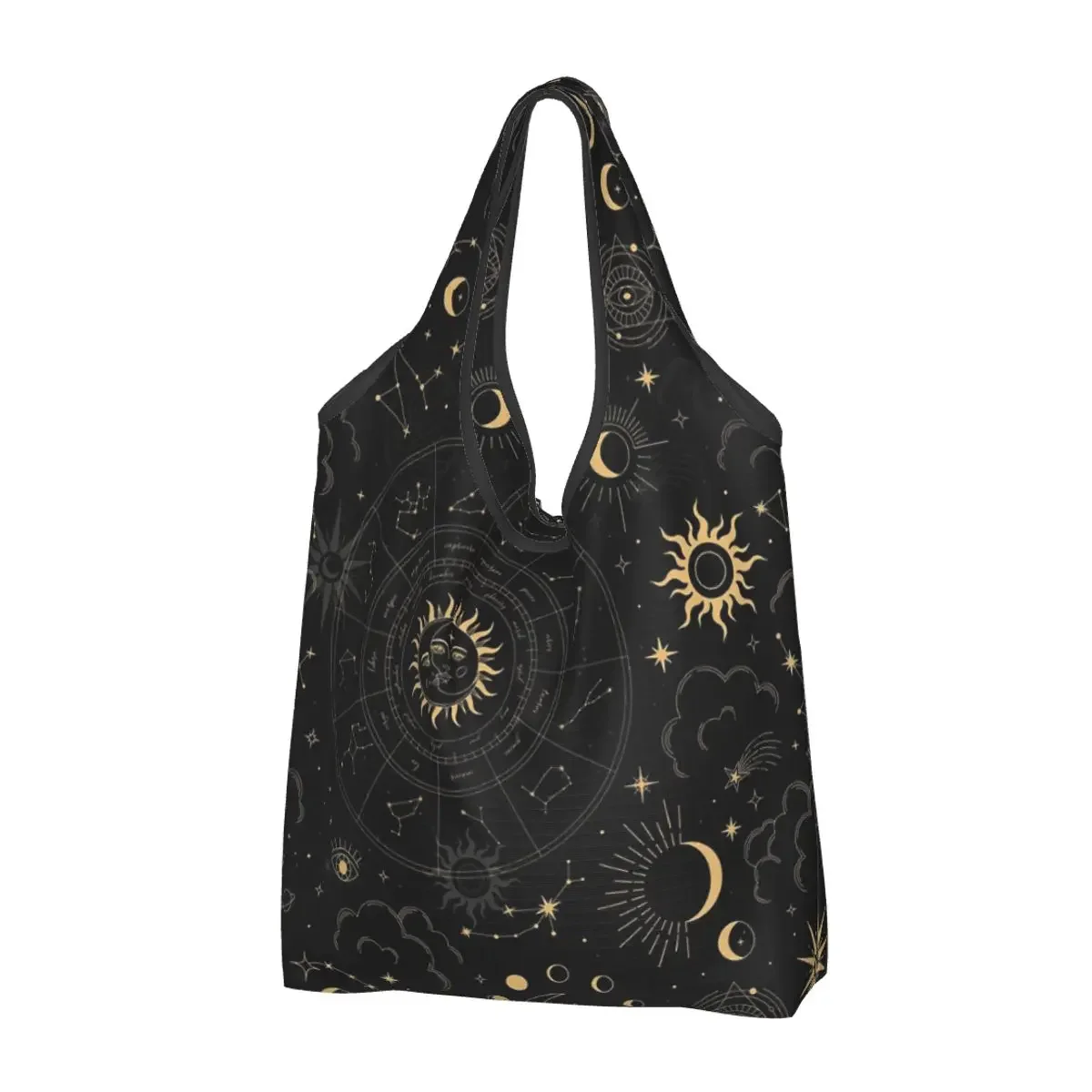 Night Sky Golden Celestial Stars Zodiac Constellations Portable Tote Shopping Bags Shopper Bag Groceries Handbag Shoulder Bag