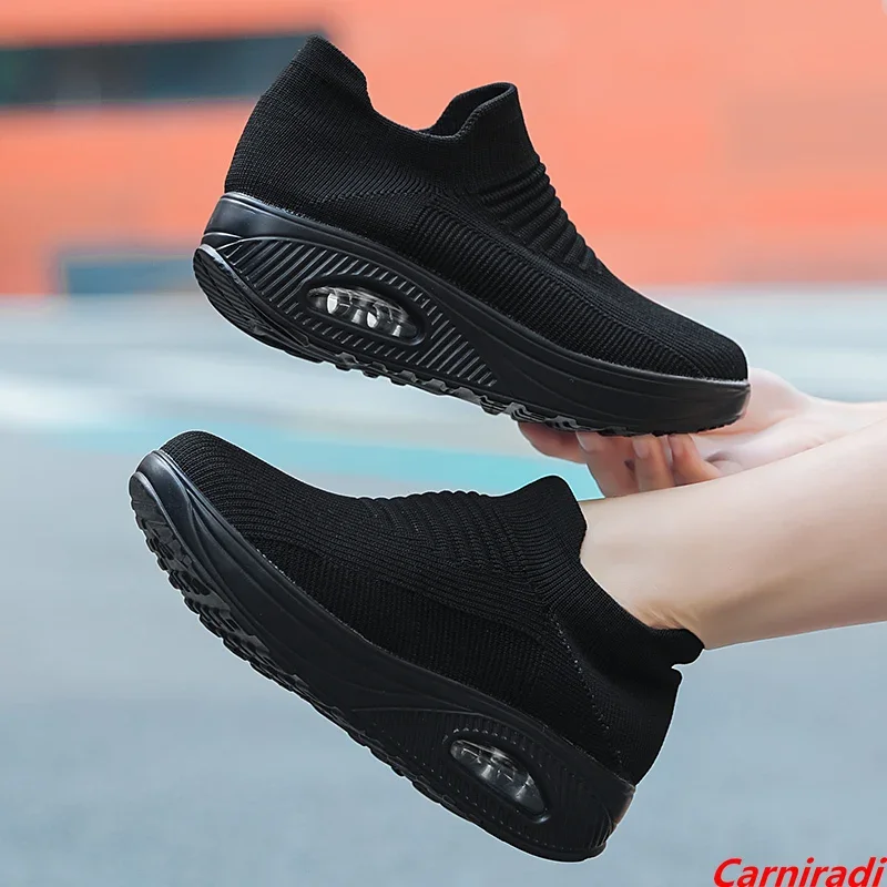 

New Style Socks Flying Weave Big Size 35-42 Walking Shoes Women Breathable Casual Sneakers Ladies Slip-on Wedges Loafers Shoes