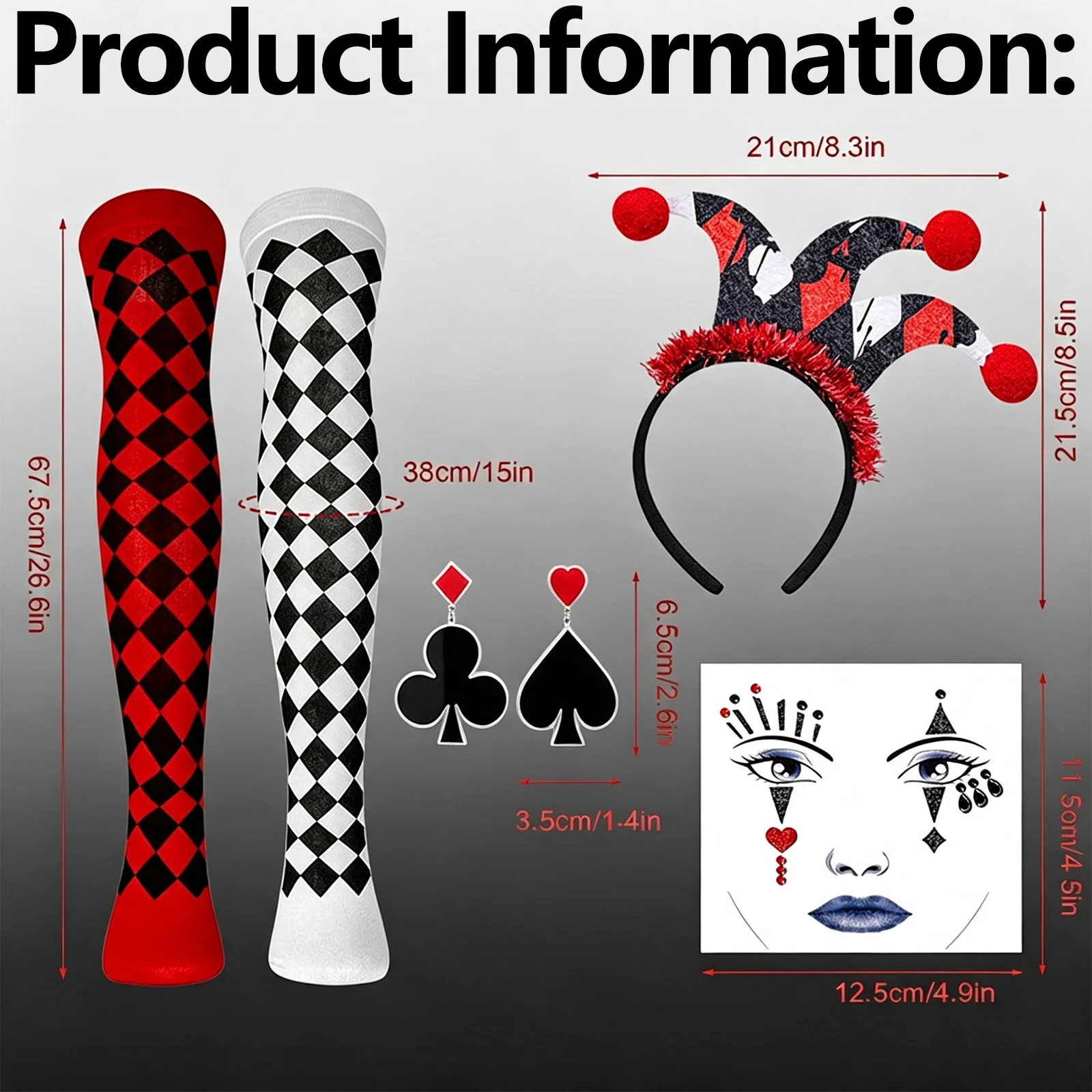 Women Clown Costume Props Accessories Set Color-blocked Stockings Hair Hoop Earrings And Tattoo Sticker for Halloween Cosplay 6