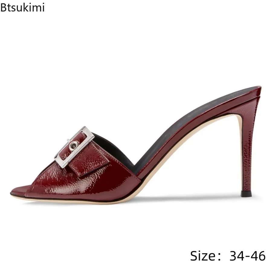 New Summer Buckle Strap Women Mule Heels Peep Toe Slip on Stiletto Sandals Elegant Office Party Daily Dress High Heeled Shoes