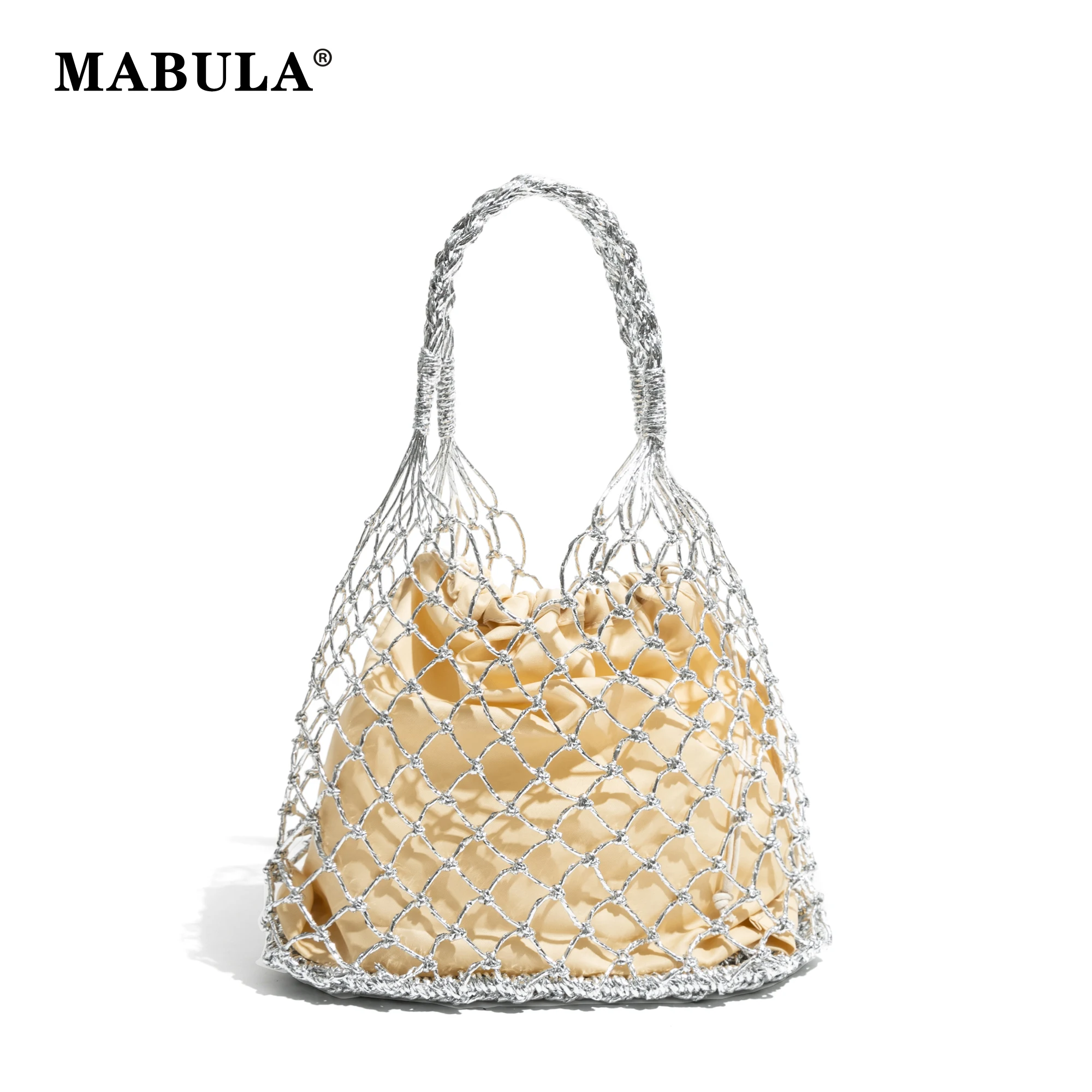 MABULA Hollow Out Handwoven Plastic Tote Handbag For Woman 2pcs Set Lightweight Nylon Female Shoulder Purse Beach Travel Bag