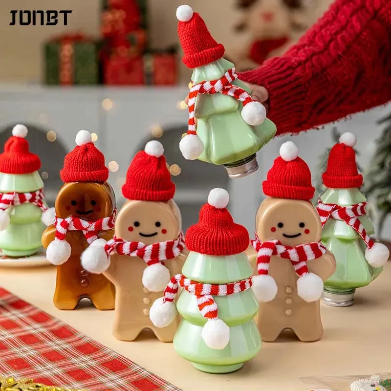 

10PCS Christmas Decoration Plastic Water Bottle Gingerbread Man Snowman Portable Clear Milk Tea Cup Sealed Beverage Juice Bottle