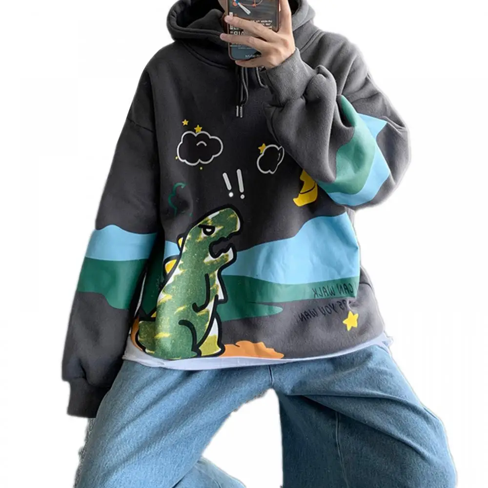 

Winter Loose Pullover Hoodie Sweatshirt Long Sleeve Men Cartoon Dinosaur Print