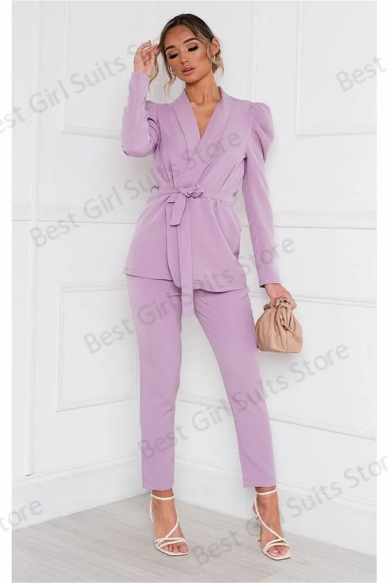 Light Lavender Mulheres Terno Set Blazer Com Cinto + Calças Designer Jacket Formal OL Negócios Algodão Partido Prom Dress Custom Made