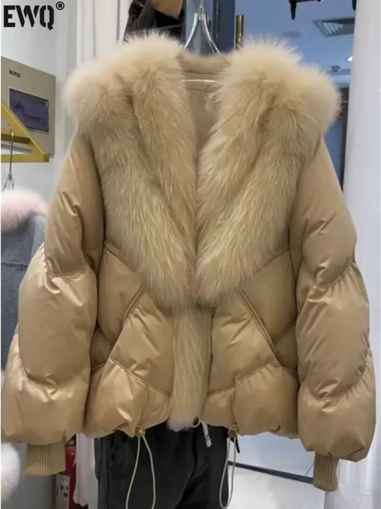 [EWQ] Korean Spliced Big Fur Collor Design Cotton-padded Coat Women Winter Flully Keep Warm Parkas Outerwears 2024 New 16O3131