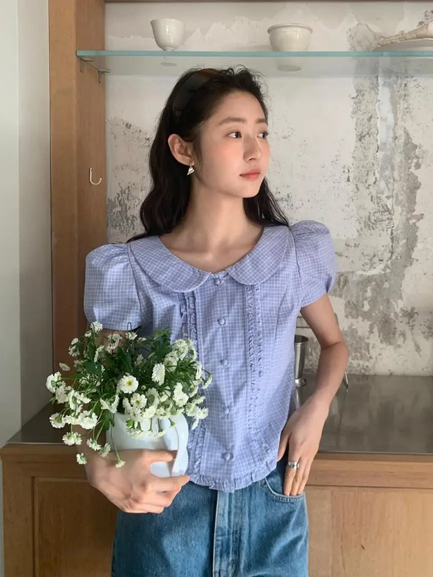 

Blue Plaid Short Bubble Sleeve Shirt Women's Retro Design Summer Cotton Commute Style Slim Fit Shirt Doll Collar Top