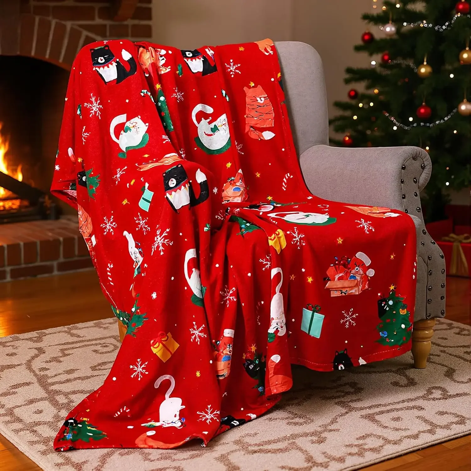 Christmas Throw Blanket x Inch Plush Xmas Flannel Blanket Red Cat Design Soft Warm Holiday Throw for Cozy Home Decor