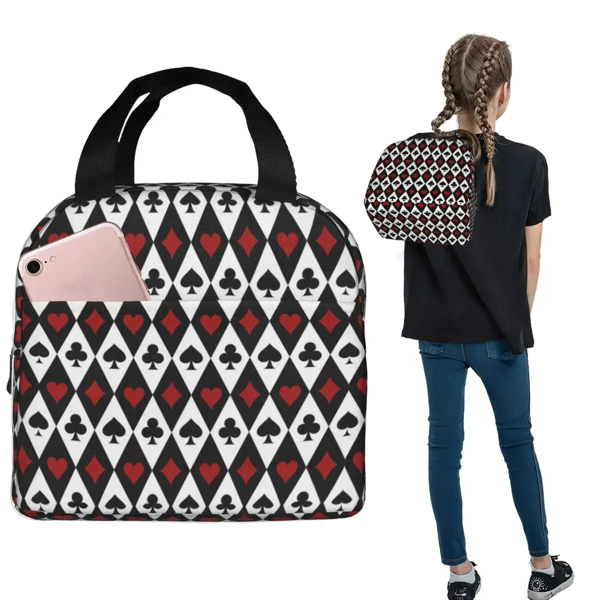 Playing Card Pattern Print Insulated Lunch Bag for Women Kids Portable Food Boxes Thermal Lunch Box Tote