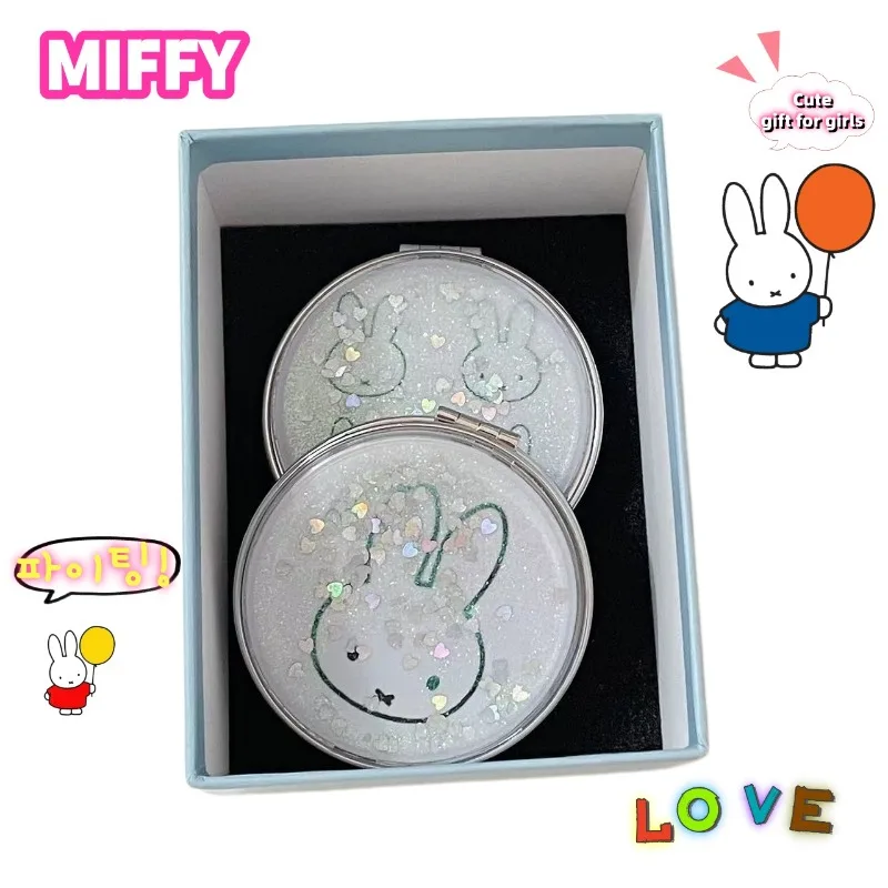 Cute Miffy Mini Quicksand Mirror Anime Peripheral Creative Rabbit Makeup Double-Sided Portable Discount Beauty Mirror Girl Gift