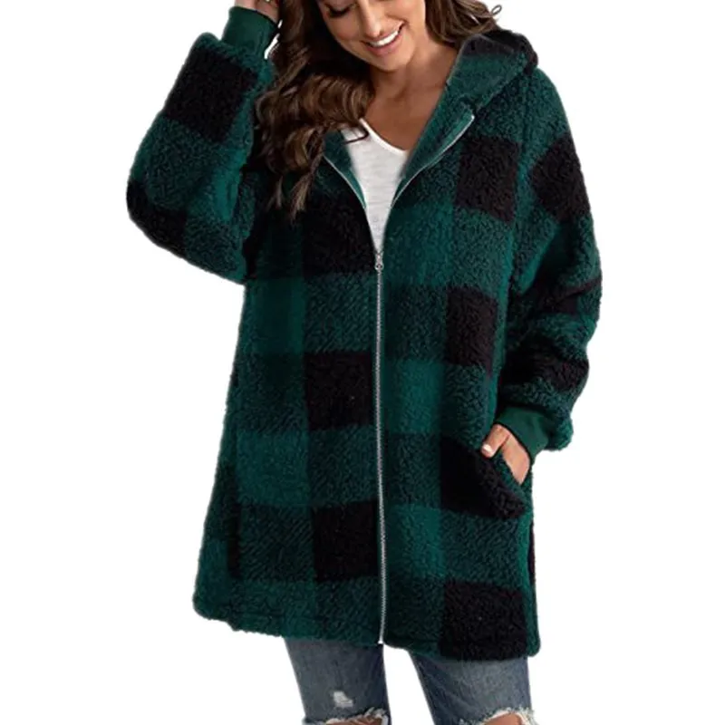 2025, Hoodie Frauen Winter Plüsch Warme Zipper Jacke frauen Langarm Tasche Lose Plaid Print Vielseitige Jacke Pull Hiver Femme