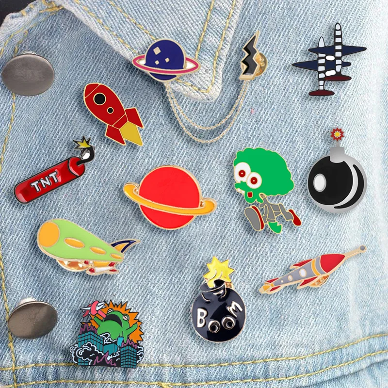 

Angry Frog Enamel Pins Funny Cartoon Alien Brooches Airplane Rocket Metal Chain Planet Badge Dangerous BOOM Bomb TNT Pin Jewelry