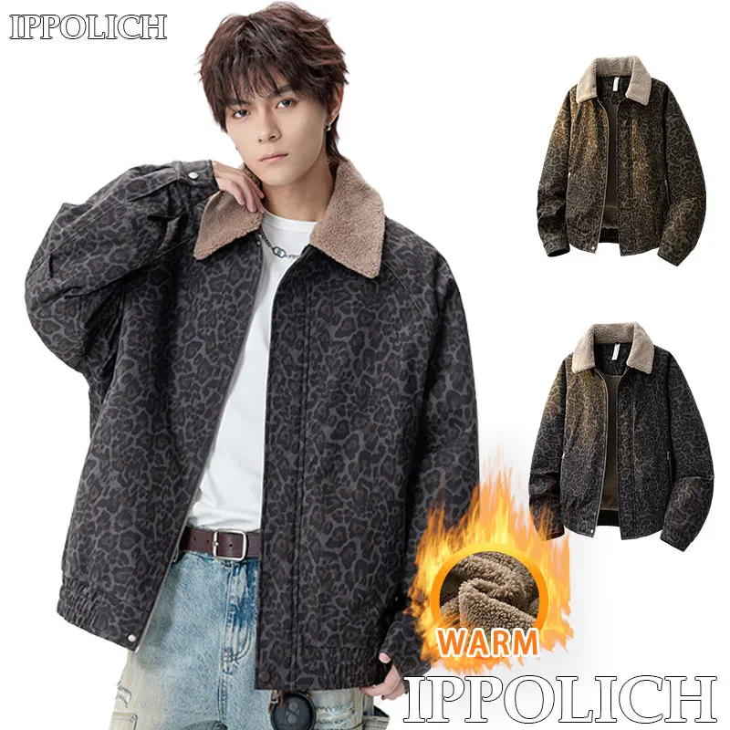 Winter New Jacket Windproof Warm Soft Comfortable Removable Lapel Casual Cargo Jacket Running Sports Casual Leopard Cargo Jacket