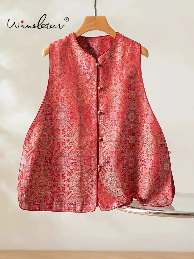 Winsleter-100%Real Silk Song Brocade Elegant Vest Coat, O Neck Buttons, Women Vintage A-line Waistcoat, 2026 Autumn New C69432CC