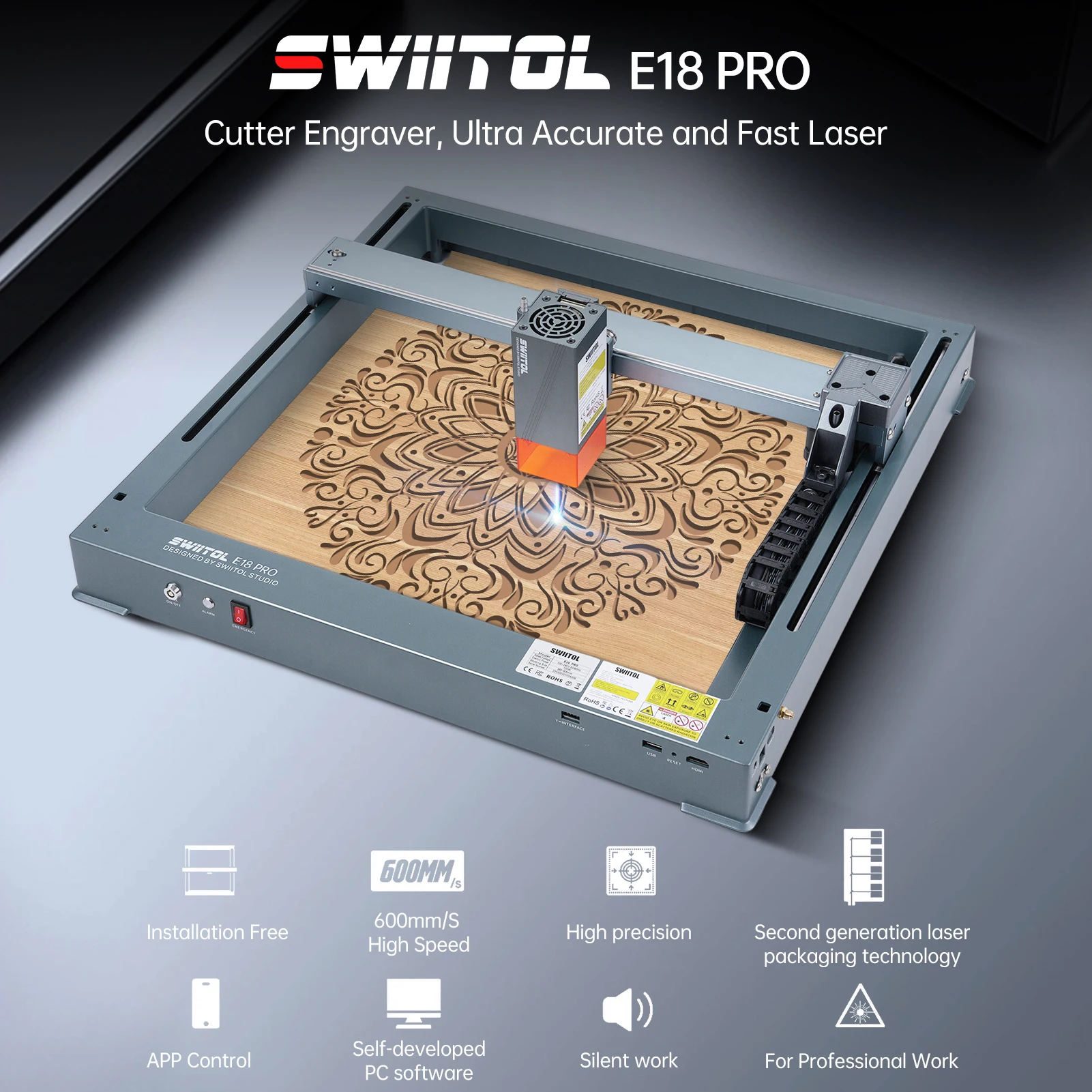 Swiitol E18 Pro 18W Laser Engraver Integrated Structure Compressed Spot Coupling Technology High Speed 365*305mm Work Area