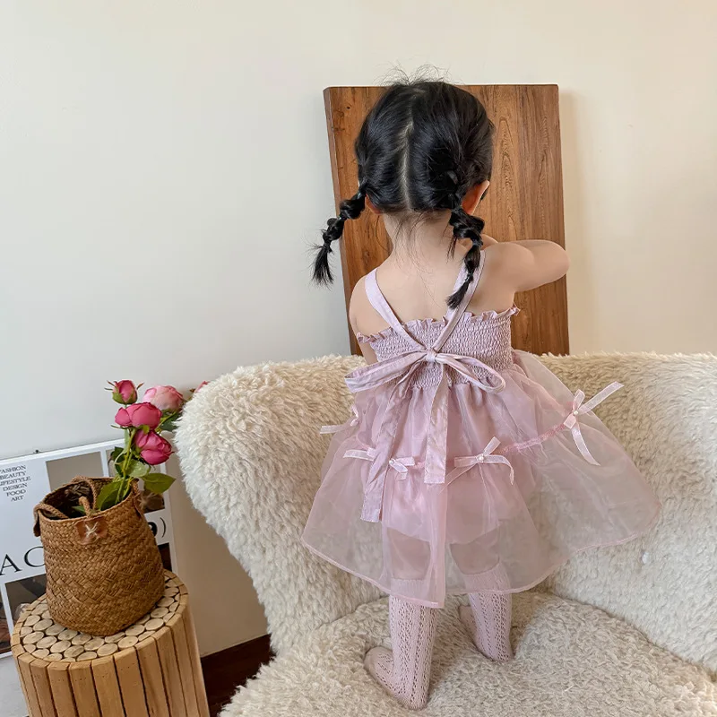 Protetor solar infantil vestido de princesa, Roupa de bebê, Verão, Novo, Coreano, Rosa, Arcos simples, Fio de malha, Roupa feminina, 2024