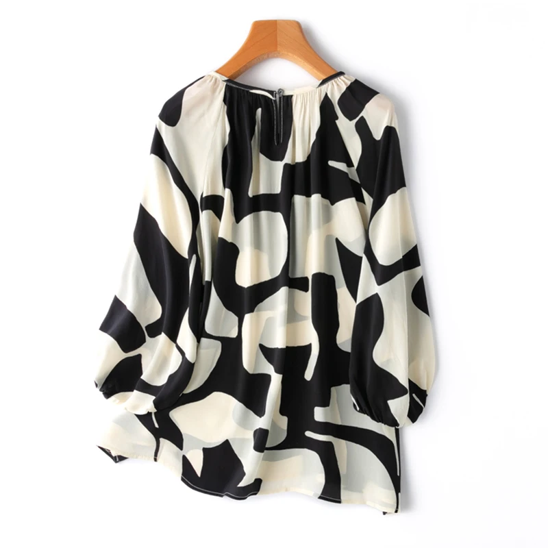 Women Silk Blouse 100% Mulberry Crepe Silk Loose Type White Black Printed Lantern Sleeve Pullover Top Shirt  M1085