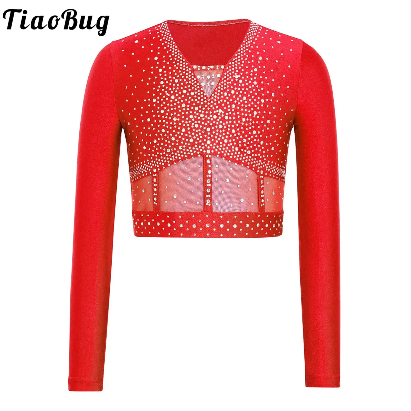 

Kids Girls Shiny Rhinestones Jazz Dance Cropped Tops Long Sleeve sheer Mesh Patchwork Crop Top for Lyrical Dance Figure Skating